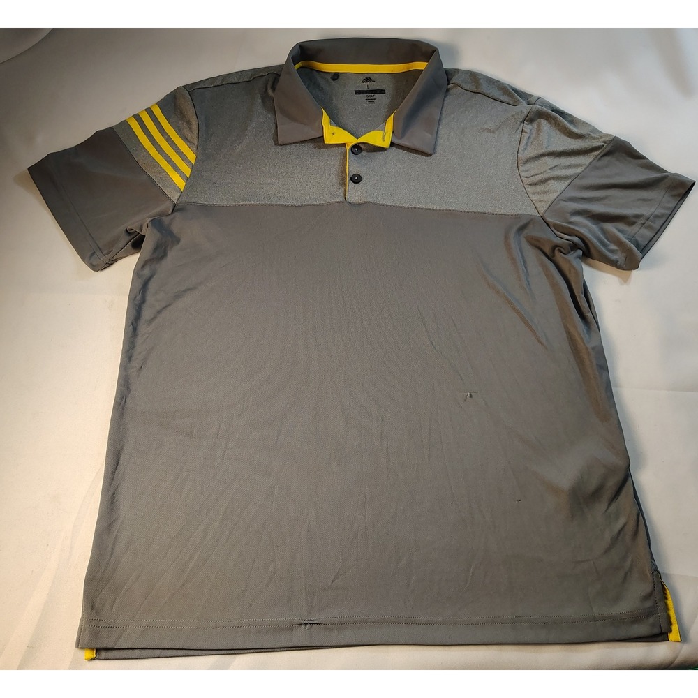 Adidas Golf Mens Grey Yellow Colorblock 3-Stripe Performance Polo Shirt Large